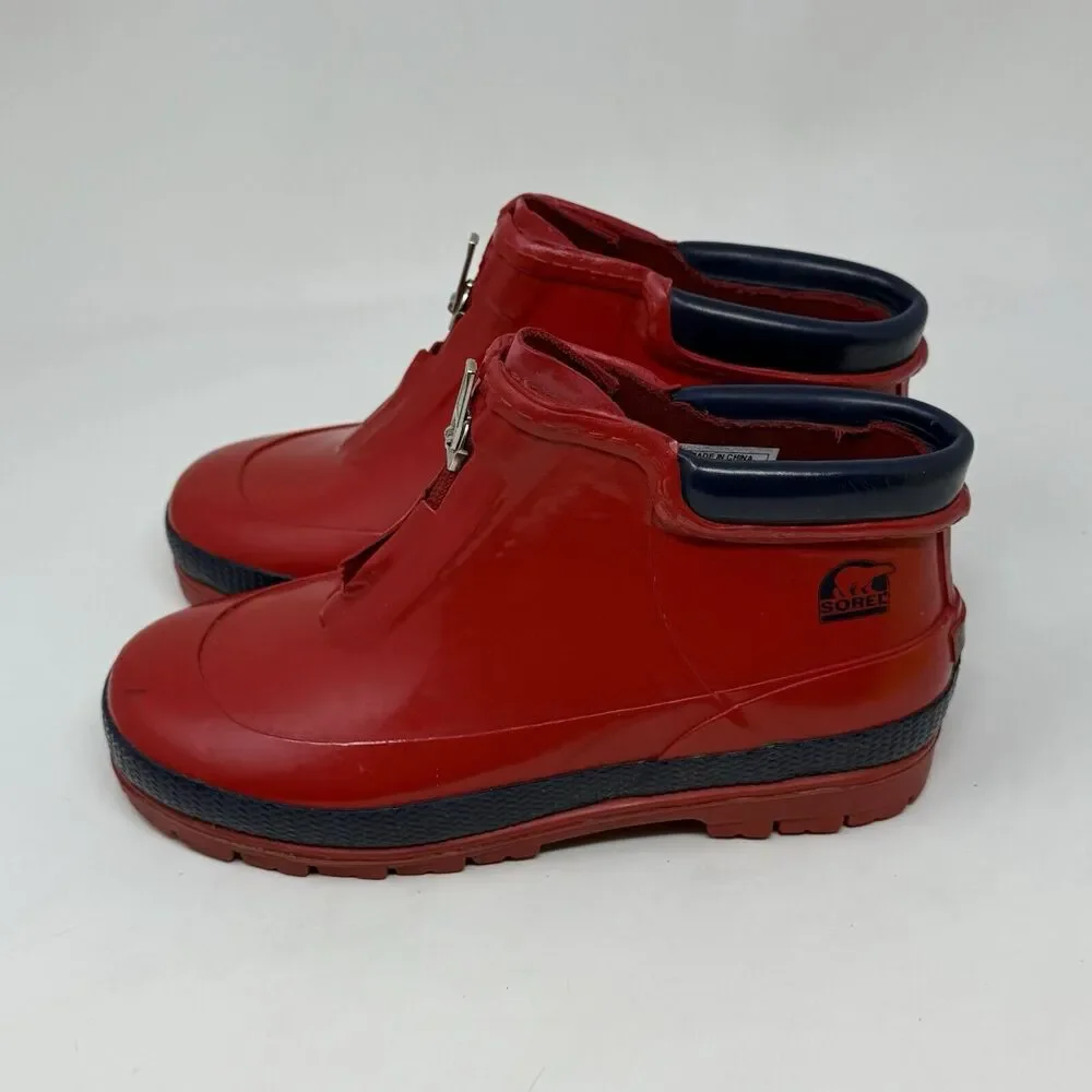 Sorel Little Drizzle Short Rain Boots Kids Size 2 Red Rubber Front Zip Unisex